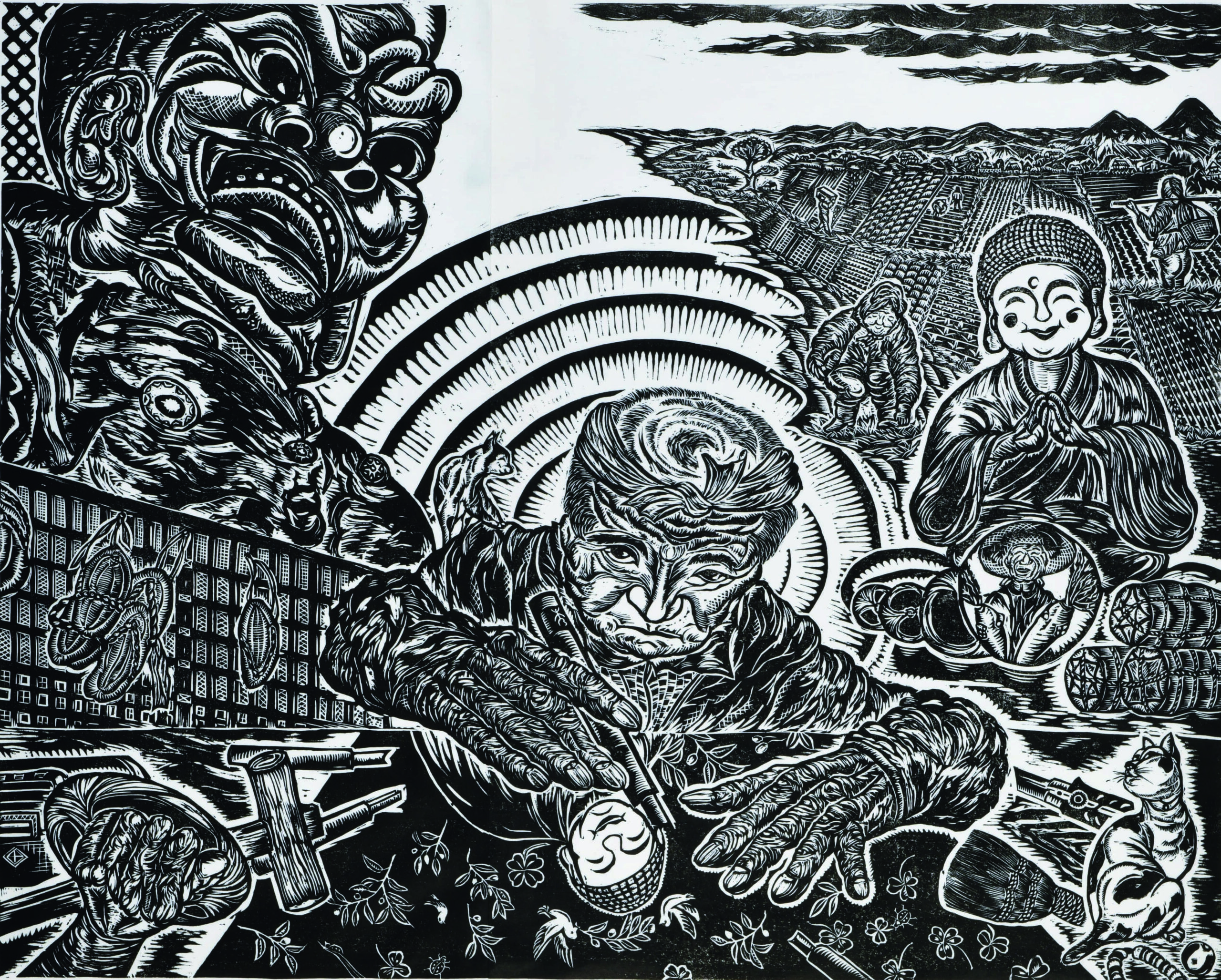 屏風版画 木喰木彫【原 和雄作品】新槐樹社会員・日本版画院 屏風版画 木喰木彫【原 和雄作品】新槐樹社会員・日本版画院